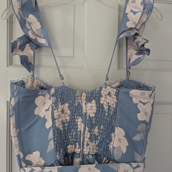 V. Chapman Anthropologie Vera Dress Blue Floral Corset Top Ruffle Strap Midi - Picture 9 of 12
